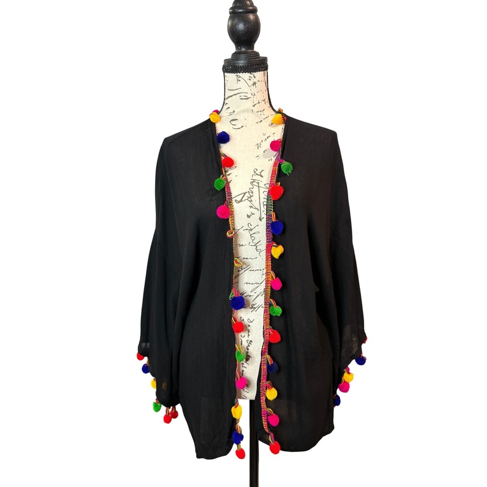 Anna & Ava Black Pom Pom Trim Kimono Cardigan One Size Boho Festival Coverup